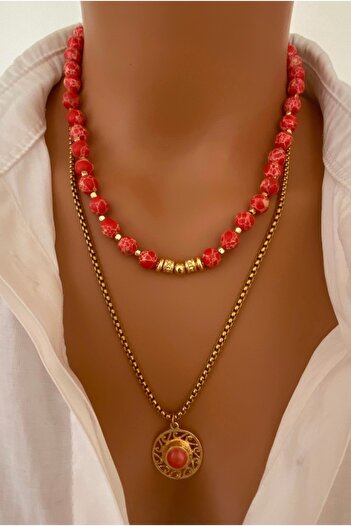 TARZ-I TAKI * 2 Necklaces * Natural Stone Red Globe Variscite Steel Chain Gold Plated Women's Pendant Special Gift