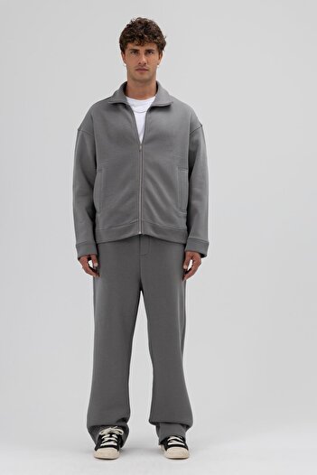 VAMOSCLO Oversize Front Zipper Stand Collar Sweatshirt Smoked