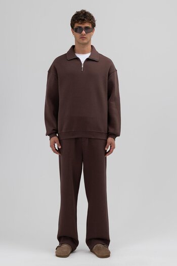 VAMOSCLO Oversize Zippered Stand Collar Sweatshirt Brown