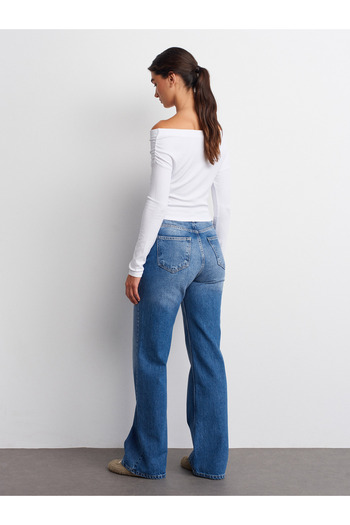 Dilvin 72048 Pantaloni din denim cu picioare largi din țesătură ruptă-albastru