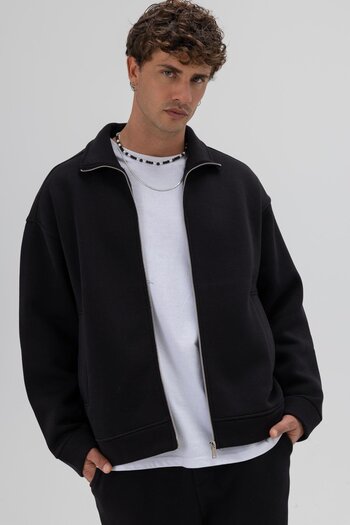 VAMOSCLO Oversize Front Zipper Stand Collar Sweatshirt Black