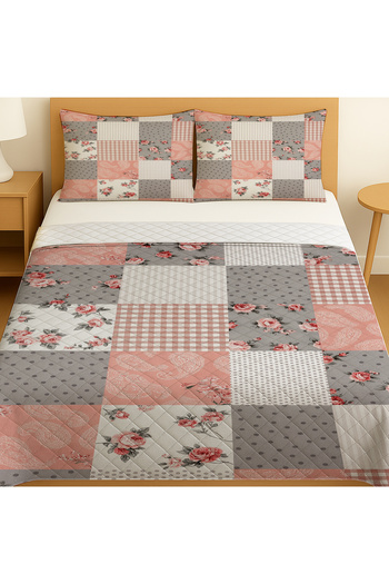 Else Dekor Gray Pink Retro Floral Pattern Double Pique Set Bedspread