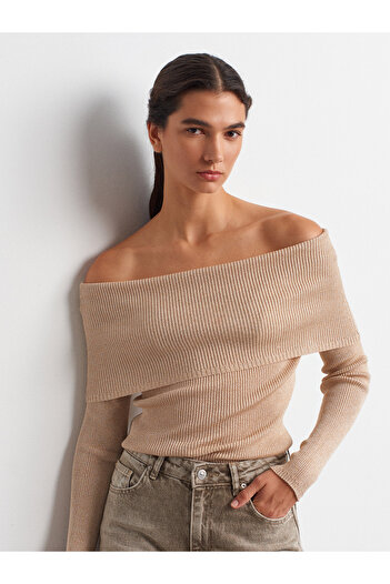 Dilvin 10808 Bardot Collar Ribbed Glitter Knit Sweater-Beige