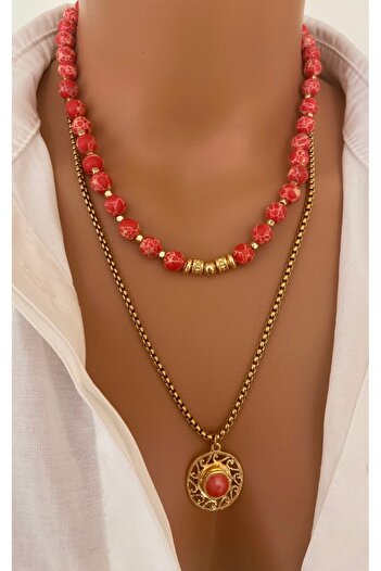 TARZ-I TAKI * 2 Necklaces * Natural Stone Red Globe Variscite Steel Chain Gold Plated Women's Pendant Special Gift