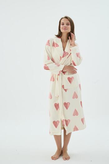 Sevim Women's Heart Patterned Belted Fleece Cream Long Dressing Gown C6T8N271