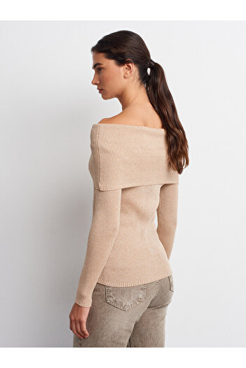 Dilvin 10808 Bardot Collar Ribbed Glitter Knit Sweater-Beige
