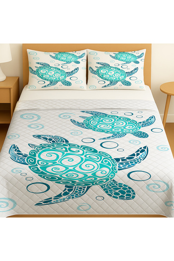 3D ELSE HALI Turquoise Caretta Turtle Patterned Double Pique Set Bedspread