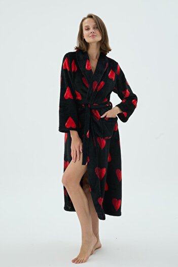 Sevim Women's Black Red Heart Patterned Fleece Long Dressing Gown C0T0N371