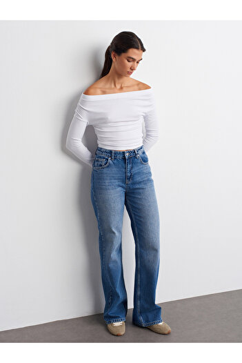 Dilvin 72048 Pantaloni din denim cu picioare largi din țesătură ruptă-albastru