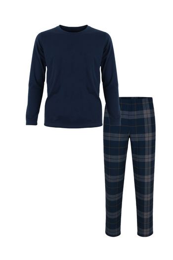 koza iç giyim Men's Soft Textured Navy Blue Plaid Patterned Pajama Set