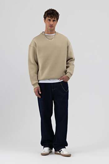 VAMOSCLO Basic Crew Neck Oversize Sweatshirt Khaki
