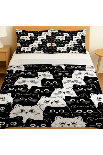 Else Dekor Black and White Cats Patterned Double Pike Set Bedspread