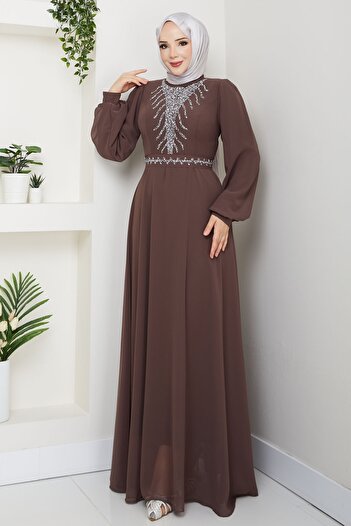 InStyle Brown Chiffon Evening Dress with Stones on the Front
