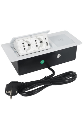 Adsinio Retractable Built-in Socket, Adsinio,15W Wireless Charger,2 Schuko,1 USB-A,1 USB-C,Current 16A,White