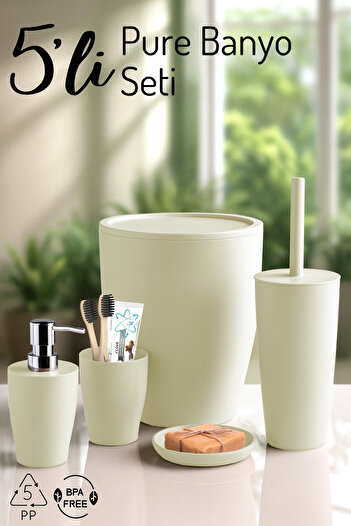 Nandy Home Pure 5 Piece Bathroom Set - Trash Can, Toilet Brush, Liquid Soap Dispenser, Toothbrush Holder, Soap Dish