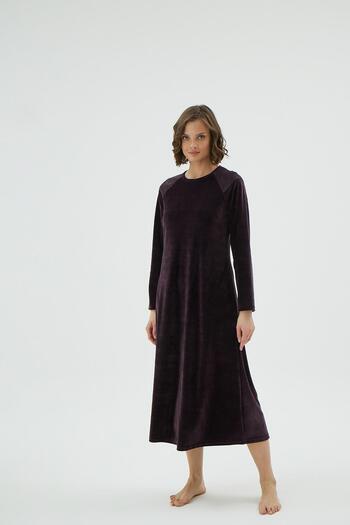 Sevim Women's Long Sleeve Lace Detailed Velvet Plum Nightgown Dress C1T6N171