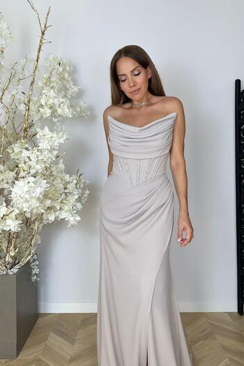 gesmoda G1555 Stone and Drape Detailed Design Evening Dress Beige
