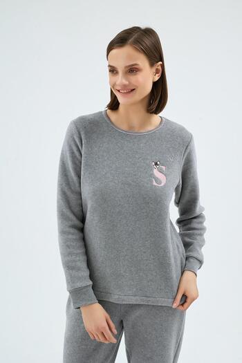 Sevim Women's Long Sleeve Round Neck Embroidery Detailed Jogger Leg Gray Pajama Set C3T9N071