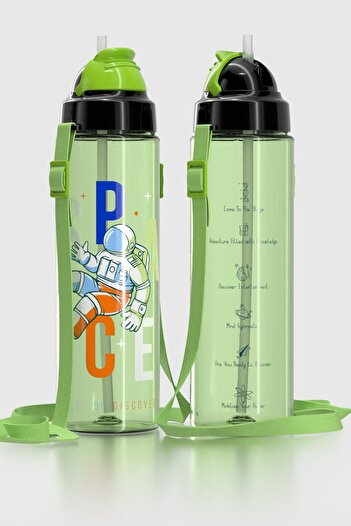 Renga Migo Patterned 630 ml Tritan Children's Water Bottle with Strap and Straw 912143 Green