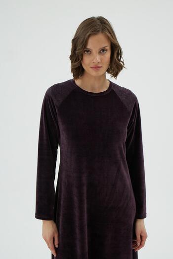Sevim Women's Long Sleeve Lace Detailed Velvet Plum Nightgown Dress C1T6N171