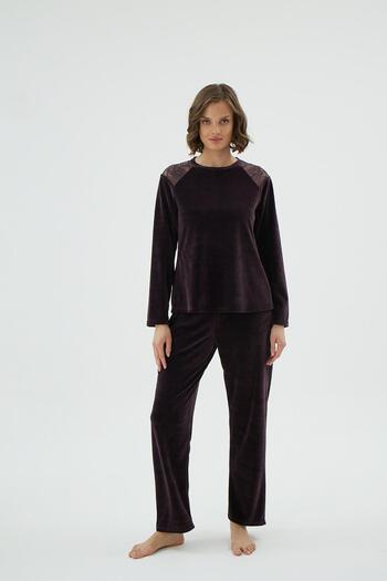 Sevim Set de pijamale pentru femei, din catifea, cu mâneci lungi, cu dantelă, C2T6N171