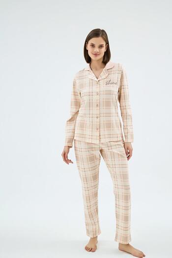 Sevim Women's Button-Down Collar Long Sleeve Plaid Pattern Pajama Set C3T7N071