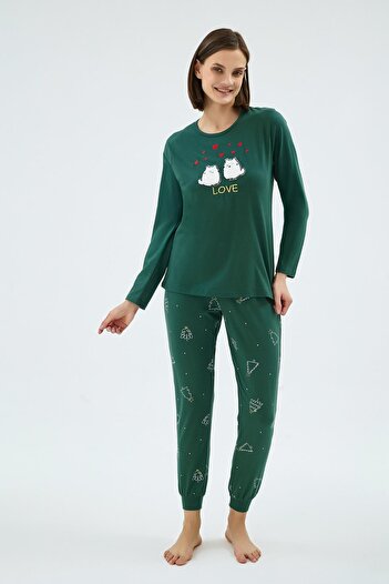 Sevim Women's Long Sleeve Printed Top Jogger Leg Green Pajama Set C9T7N071