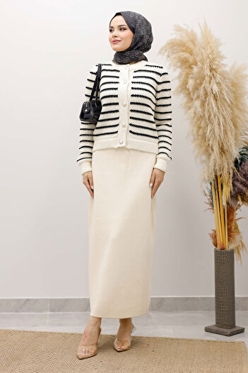 Tesettür Dünyası Striped Knitwear Cardigan Tsd250228 Beige