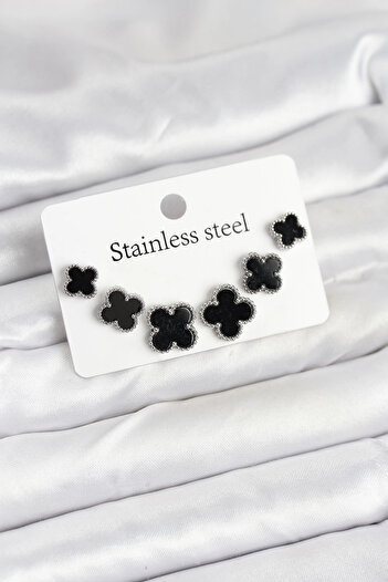 Clariss 316L Steel Silver Black Color 3 Sizes Clover Earrings Set