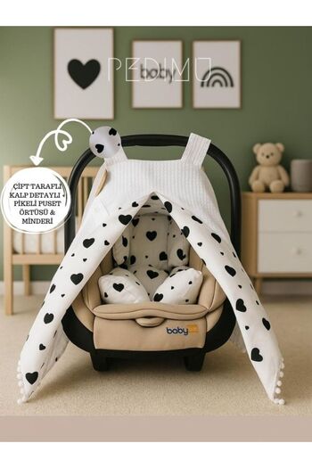 Pedimu Double-Sided Baby Stroller Cover & Cushion Set of 2 – Waffle Pike & Black Heart Poplin – Special Pouch Gift