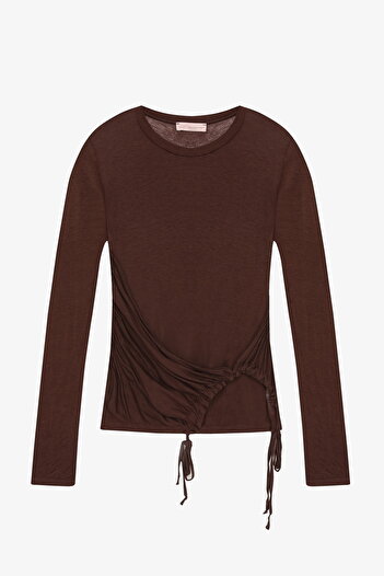 Quzu Side Gathered Lace-Up Transparent Blouse Brown