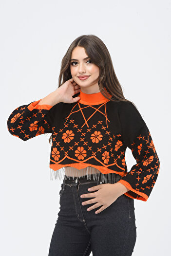H&E LUXURY DESIGN Women's Orange and Black Chain Patterned Crop Knit Sweater