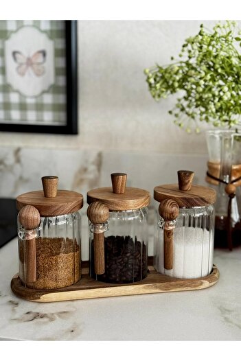 Qerhome Acacia Glass Jar Set with Spoon and Stand 550 ml