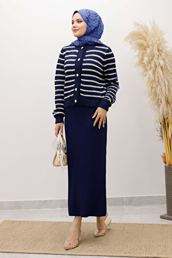 Tesettür Dünyası Striped Knitwear Cardigan Tsd250228 Navy Blue