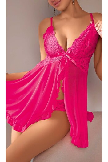 DOSESA Lace Embroidered Bow Detail Chiffon Lightly Textured Stylish Nightgown