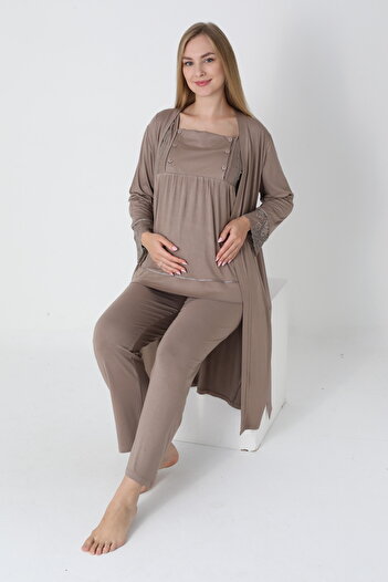 Miss Dünya Lissa Long Sleeve Maternity and Postpartum Pajama Set Suitable for Breastfeeding with Long Dressing Gown