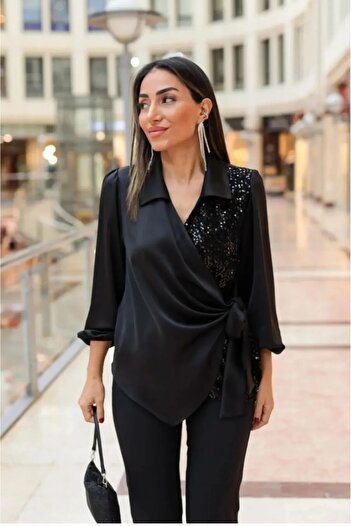 Fashionbox Women's V-Neck Sleeve Elastic Semi Sequined Side Tie Satin Blouse