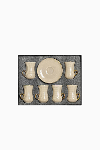 Bin Shihoun 12-piece tea set consisting of 6 clear glass teacups and 6 saucers made of ceramic with distinctive modern patterns