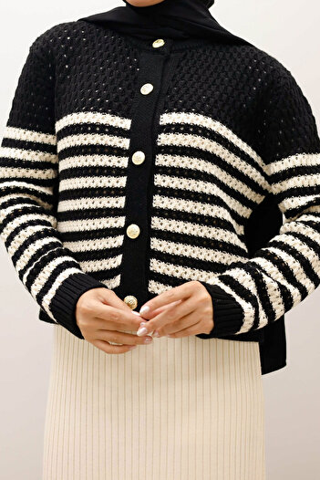 Tesettür Dünyası Striped Perforated Knit Cardigan Tsd250219 Black