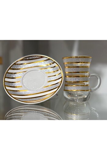 Bin Shihoun 12-piece tea set consisting of 6 clear glass teacups and 6 saucers made of ceramic with distinctive modern patterns