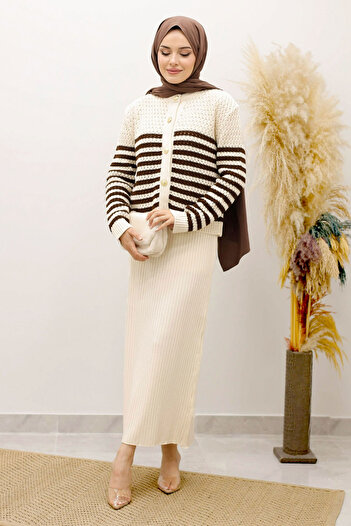 Tesettür Dünyası Striped Perforated Knit Cardigan Tsd250219 Brown