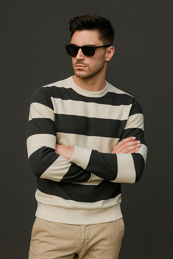 UOMOPARK Striped Crew Neck Sweatshirt Soft Cotton Fabric Comfortable Casual Modern Style for Outfits