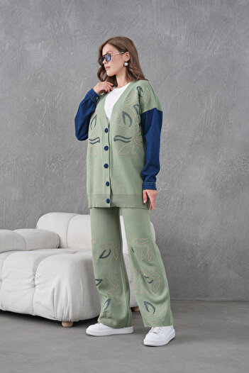 Miss Allos Women's Sleeves Denim Detailed Beaded Wide Fit Knitwear Cardigan and Pants Bottom-Top Set