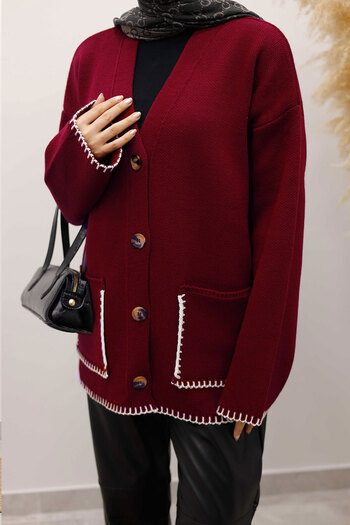 Tesettür Dünyası Shepherd's Stitch Pocketed Knit Cardigan Tsd250226 Burgundy