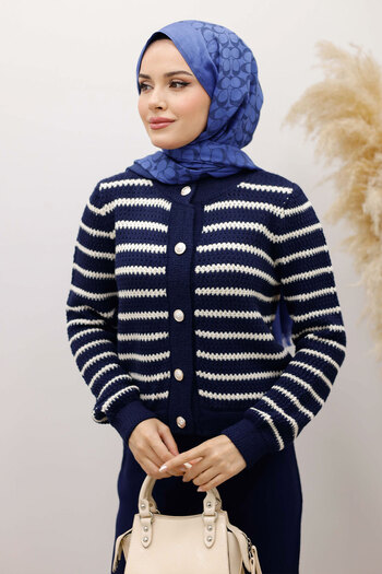 Tesettür Dünyası Striped Knitwear Cardigan Tsd250228 Navy Blue