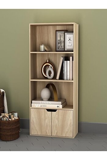 Modern home 4 Tier Wide Wooden Bookcase Cupboard with 2 Doors Storage