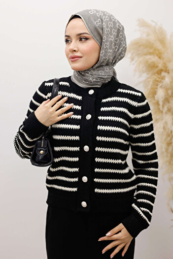Tesettür Dünyası Striped Knitwear Cardigan Tsd250228 Black