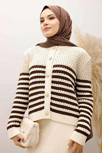 Tesettür Dünyası Striped Perforated Knit Cardigan Tsd250219 Brown