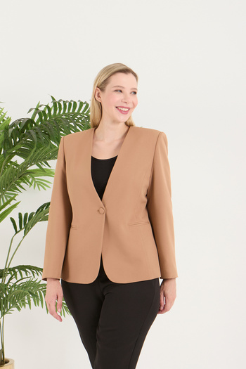 Fagi Women's Plus Size V-Neck Single Button Milk Coffee Jacket