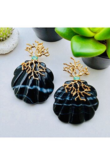 Rachel Silver Gold Color Green Stone Design Acrylic Oyster Earrings